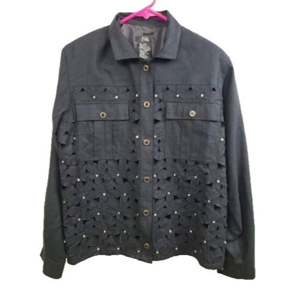 VTG 90s EVR Womens Jacket Size Small Black Silk Floral Eyelet Embellished Office
